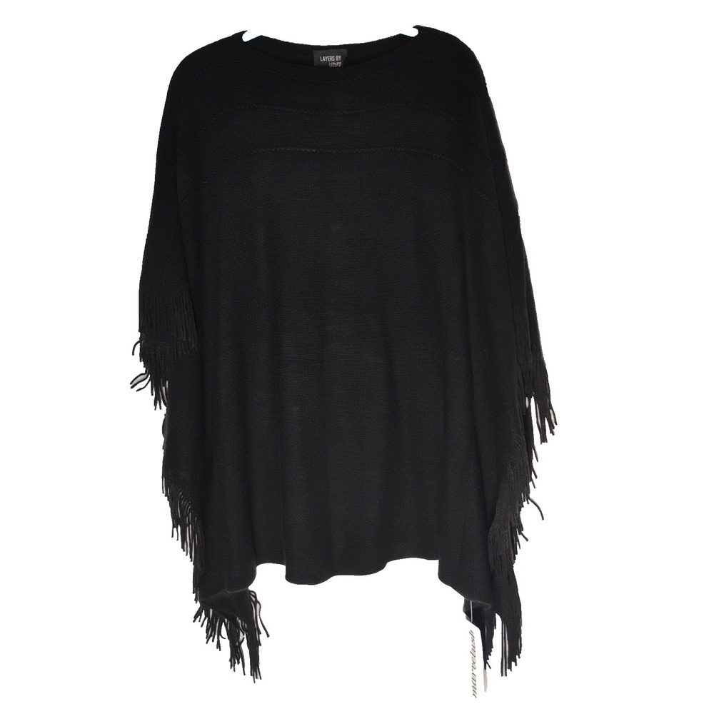 NWT Vintage Layers Lizden Marvelush Black Fringe ONE SIZE Poncho Shawl Sweater‎